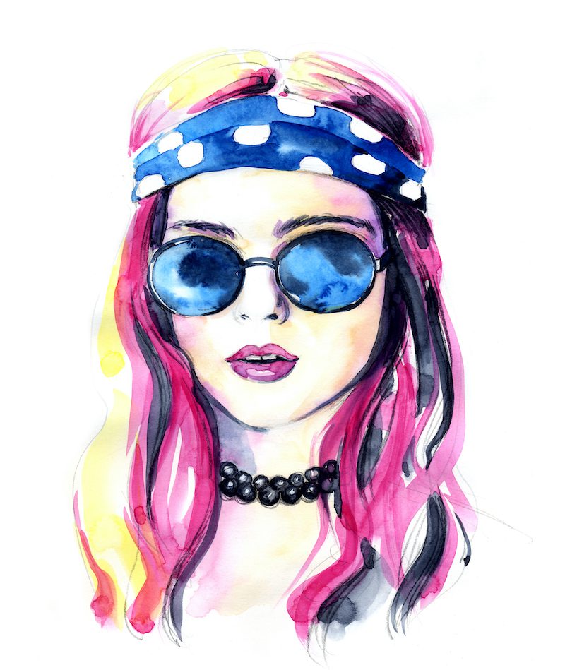 Watercolor fashion lady in sunglasses. watercolor illustration of girl with sunglasses